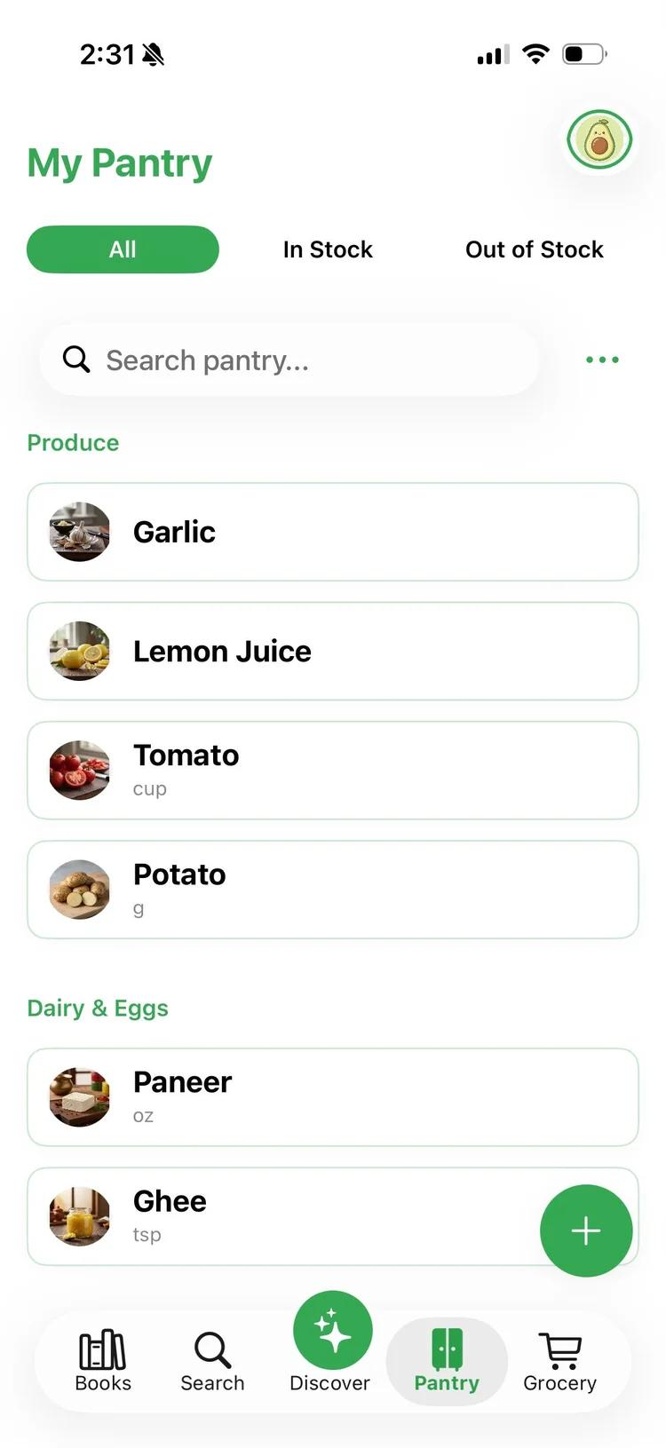 Screenshot of a pantry app showing categories 'All', 'In Stock', and 'Out of Stock'. The pantry list includes garlic, lemon juice, tomato, potato, paneer, and ghee.