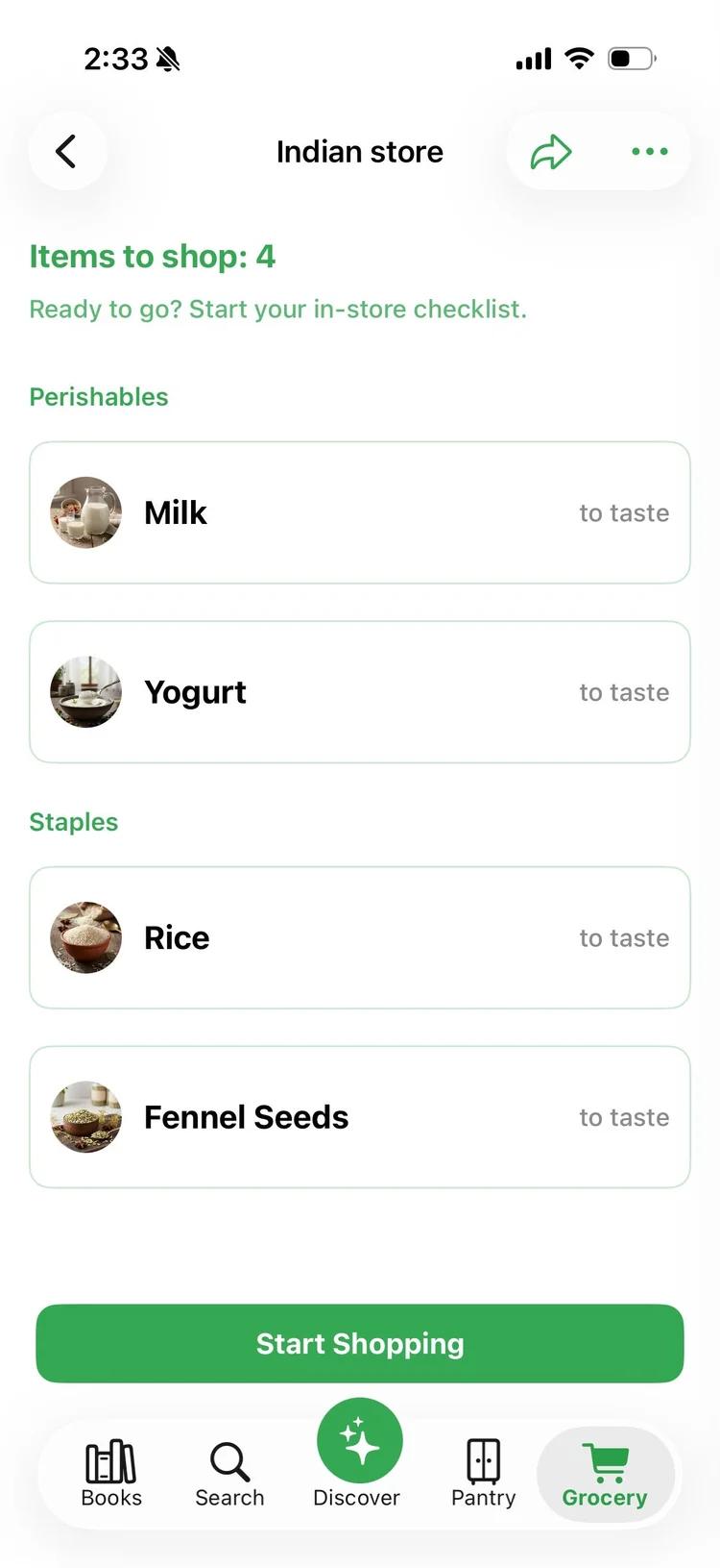 Screenshot of a grocery shopping app with a list of items, including milk, yogurt, rice, and fennel seeds, under the Indian store section.