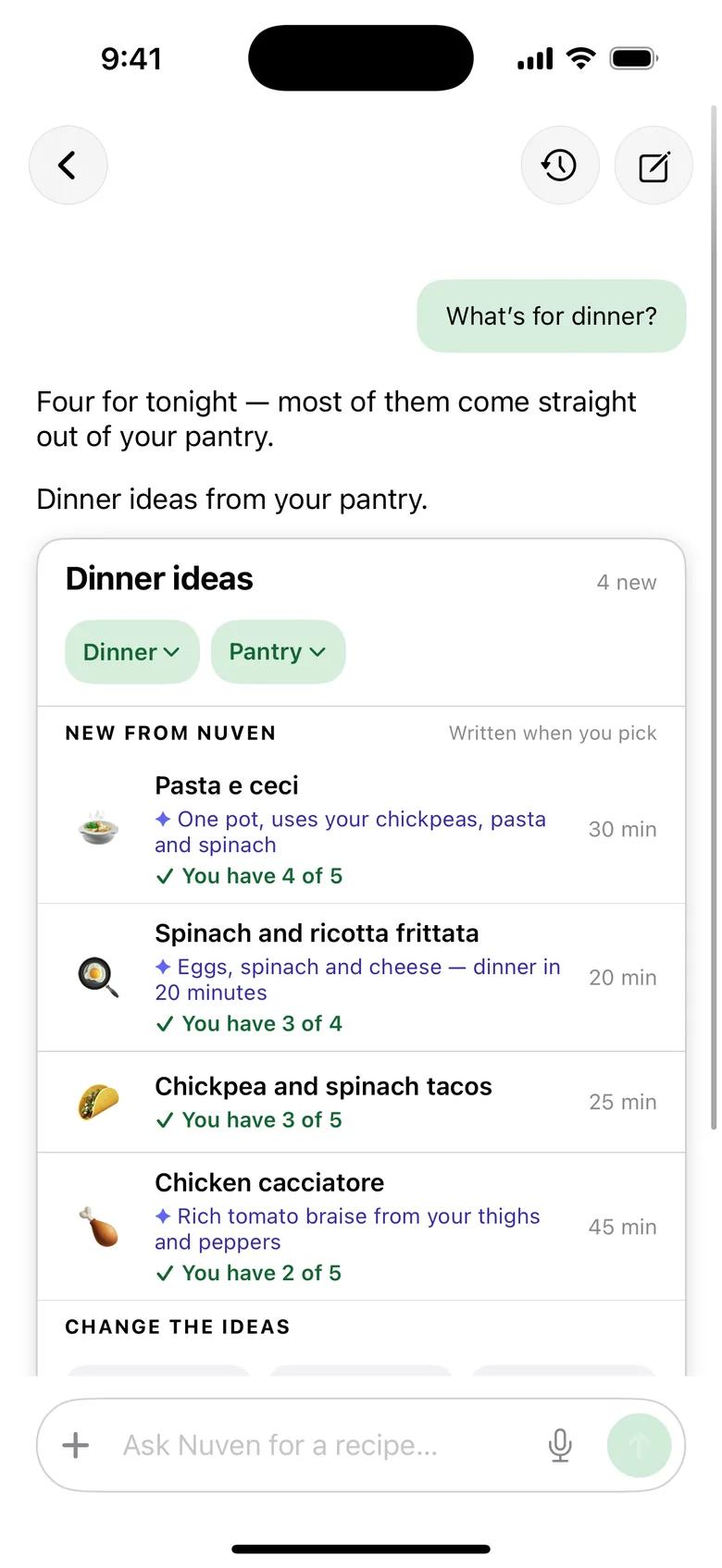 Nuven chat answering “What’s for dinner?” with four dinner ideas, each showing how many ingredients you already have.