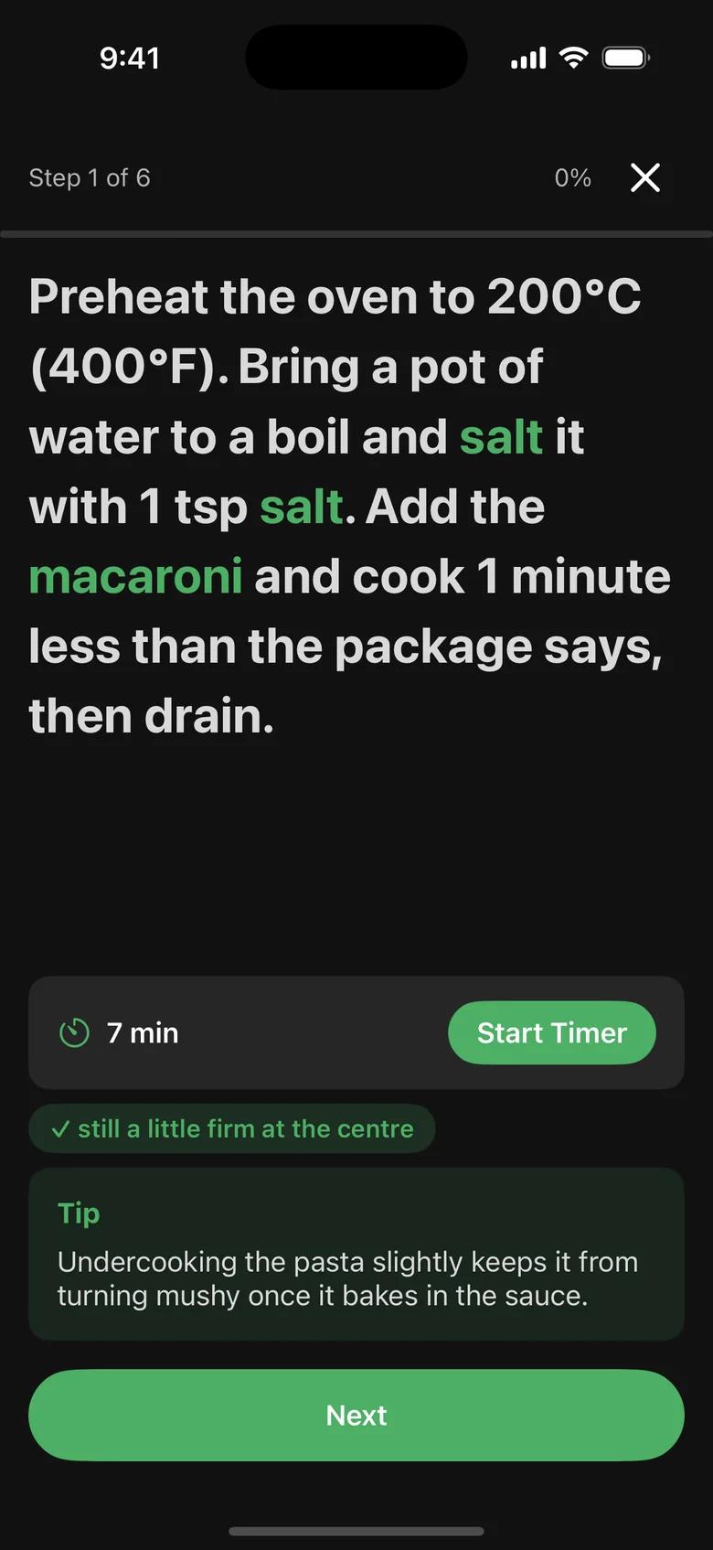 Nuven Cook Mode showing step 1 of 6 in large type with a seven-minute timer button.