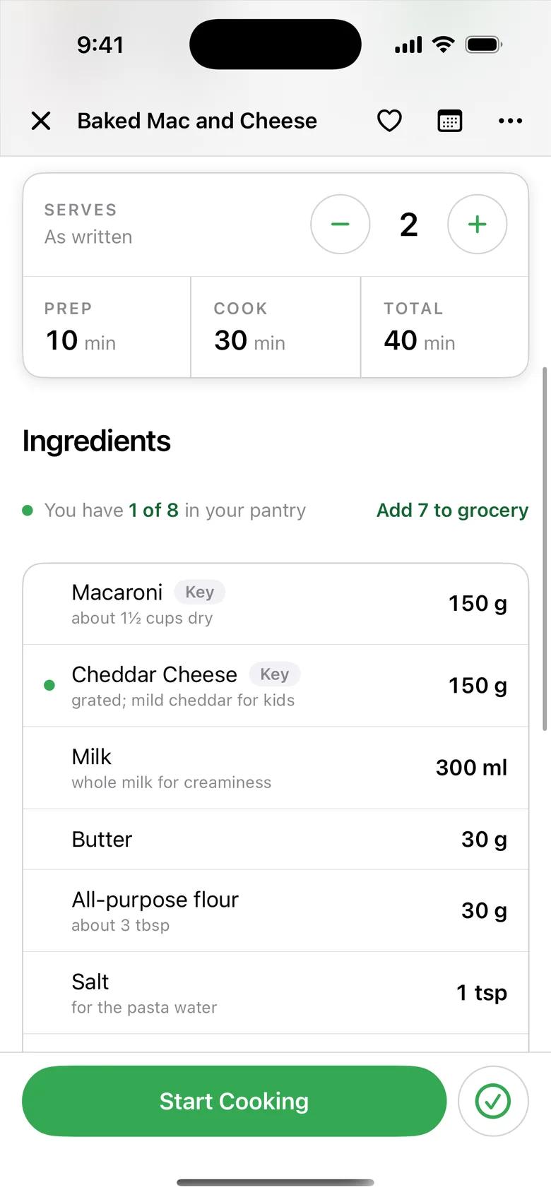 Nuven recipe for baked mac and cheese showing “You have 1 of 8 in your pantry” with an “Add 7 to grocery” button.