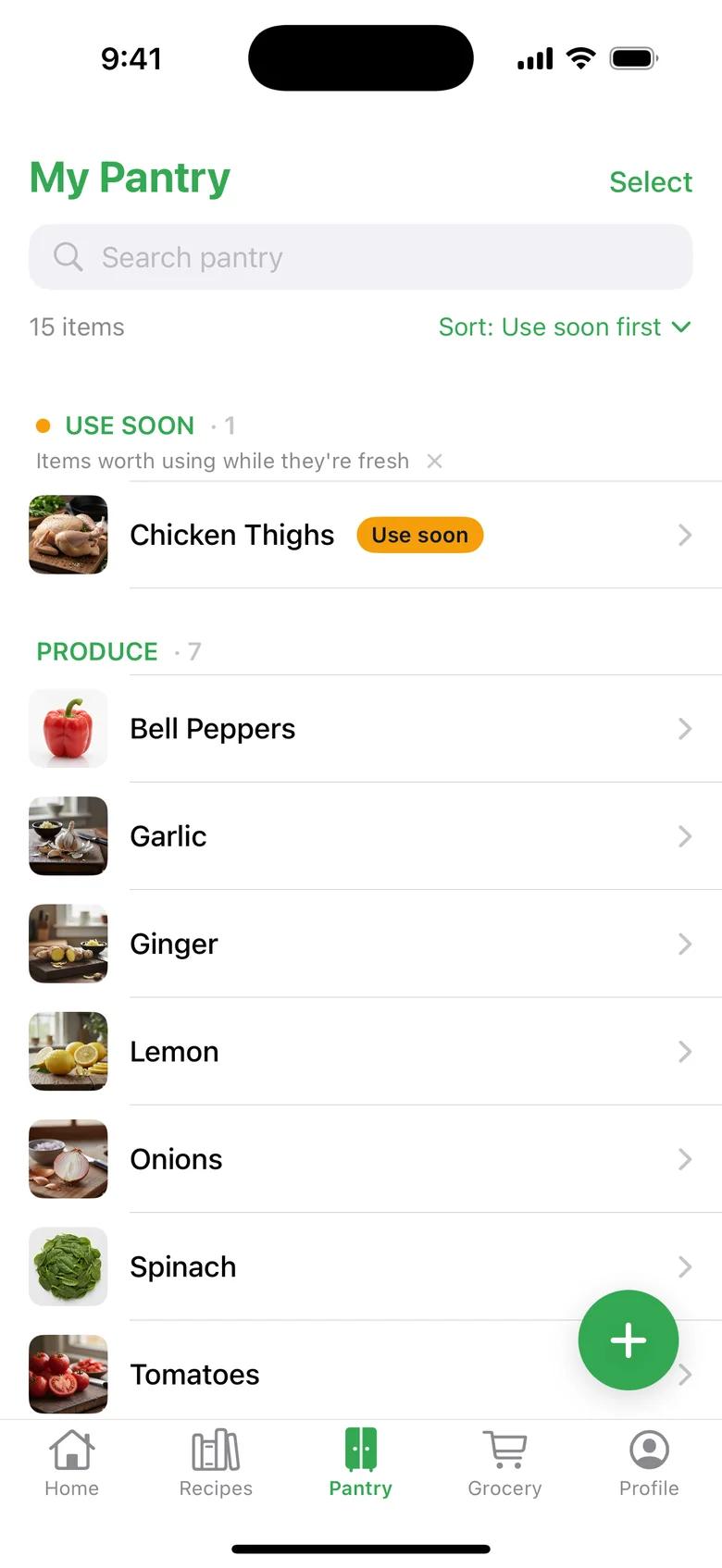 Nuven pantry screen listing chicken thighs to use soon, then produce like bell peppers, garlic, ginger, lemon, onions and spinach.
