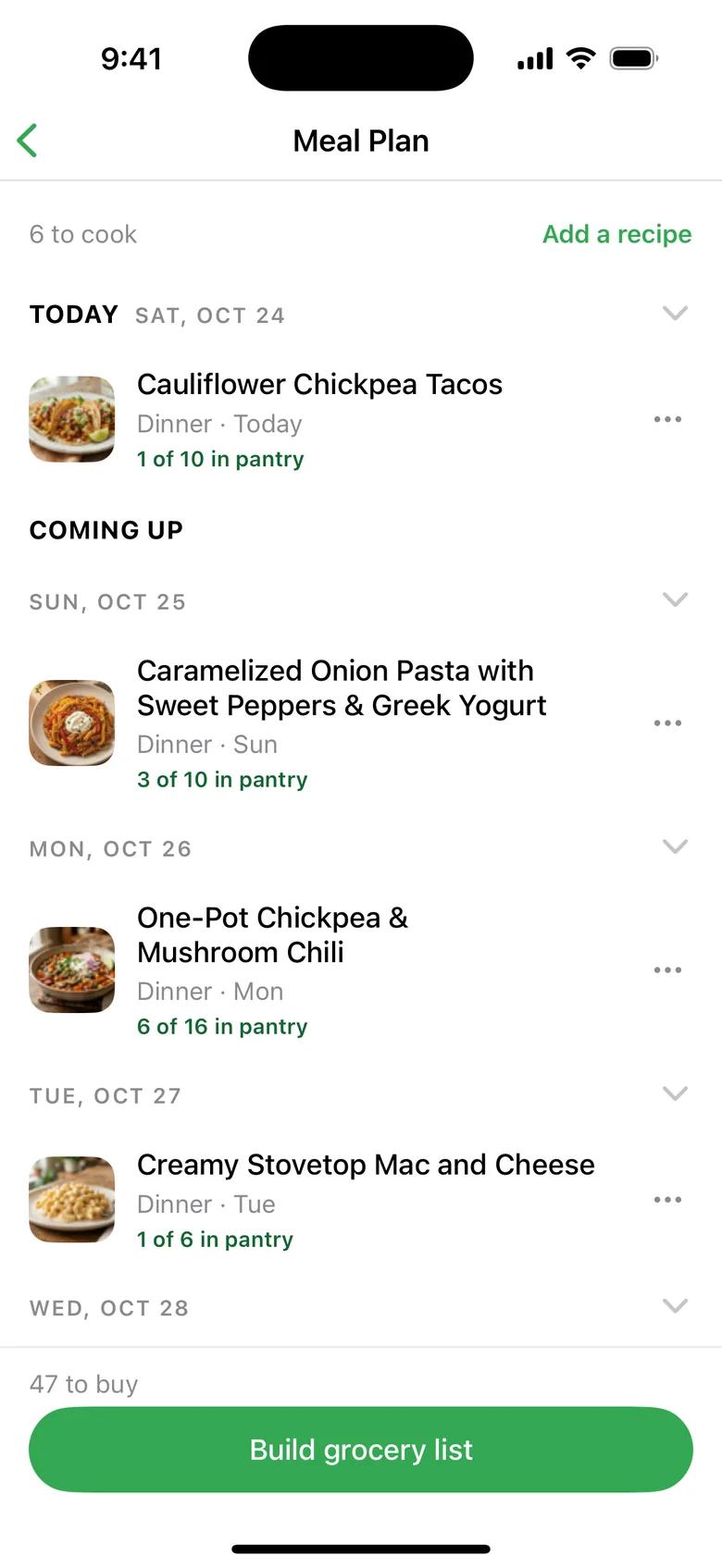 Nuven meal plan with a photo and a dinner for each day, such as cauliflower chickpea tacos and one-pot chickpea chili, with how many ingredients are already in the pantry.